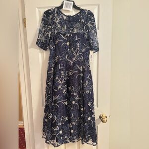 Eliza J Elegant Navy Floral Sequin and Lace Dress